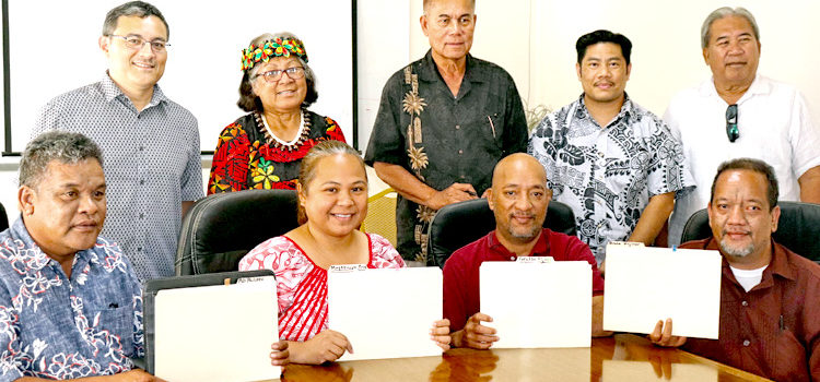 This gathering earlier this month was described as a “monumental event in the history of the RMI public service.” It involved PSC Commissioners along with the Chief Secretary, and four heads of departments signing four-year performance contracts, the first time these heads of ministries have been on performance contracts. Sitting, holding their signed performance contracts, from left: Transportation Secretary Phil Philippo, Finance Secretary May Bing, Works, Infrastructure and Utilities Secretary Catalino Kijiner, and Foreign Secretary Bruce Kijiner. Back, from left: Chief Secretary Ben Graham, PSC Commissioner Justina Langidrik, PSC Chairman Donald Capelle, Deputy Attorney General Johnathen Kawakami and PSC Commissioner Jiba Kabua. RMI grade goes up