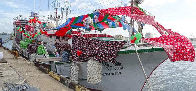 The decked out longline fishing vessel at Wednesday’s arrival celebration at Uliga Dock. Photo: Hilary Hosia. Local longliner goes into action
