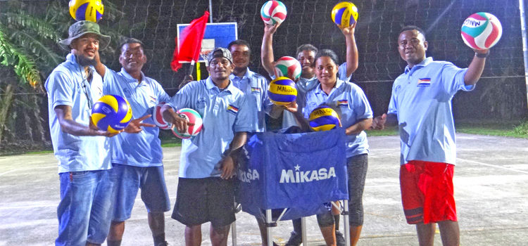 Majuro Day officials pose with donated volleyballs at Jeirok multi-purpose court donated by the Marshall Islands National Olympic Committee. Photo: Belle Jorbelle Majuro Day kicks off