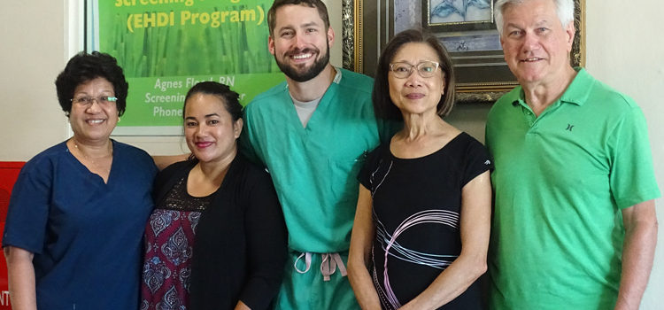 The EHDI screening team at Majuro hospital, from left: screening supervisor Agnes Flood-Tse, EHDI coordinator Chinilla Pedro-Peter, ENT specialist Dr. Ross Shockly, audiologist Yusnita Weirather, and principal investigator Ray Miner. Photo: Kelly Lorennij. Program changes children’s lives