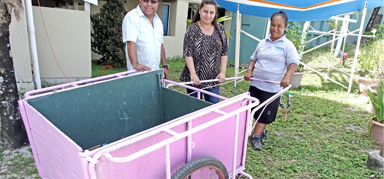 General Manager Hirobo Obeketang and CFO Trudy deBrum-Alik join Liona Kimij and her pink rear-cart at the Marshall Islands Resort. Photo: Hilary Hosia MIR looks good thanks to Liona