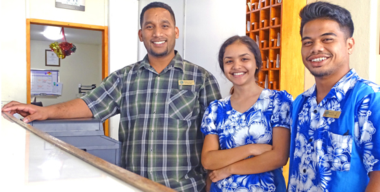 Marshall Islands Resort front desk representatives (from left) William Keimbar, Tobel Alfred and Jimmy Beio. The Majuro hotel is celebrating its 20th anniversary this weekend. Photo: Hilary Hosia. Resort hosts big 20th celebration