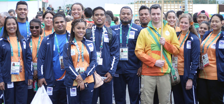 The RMI delegation at the Rio Olympics was welcomed to the Games Village last week with speeches and music. Mattie Sasser is third from left. Mattie: Ranked #11 globally