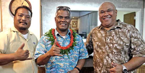 Executive Councilman for Sports Boaz Lamidrik (left) and Majuro Mayor Ladie Jack (right) welcomed Kwajalein Mayor Hirata Kabua to Majuro earlier this week for Majuro Day activities. Photo: Hilary Hosia Majuro Day a blast