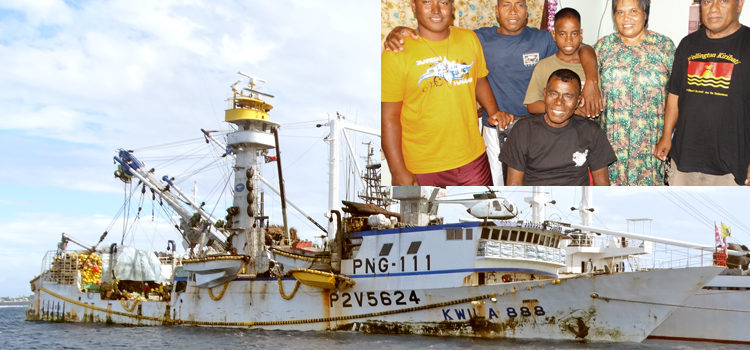 I-Kiribati drifters from left: Tenanora Taiki, Toatu Tiwai, Arawatau Miito (sitting), and Banikatang Tebuanna in Majuro with local residents Perma and Tiba Karotu. Inset, the Kwila 888, which rescued the four I-Kiribati drifting in two boats. Photos: Isaac Marty. Fishing boat rescues I-Kiribati