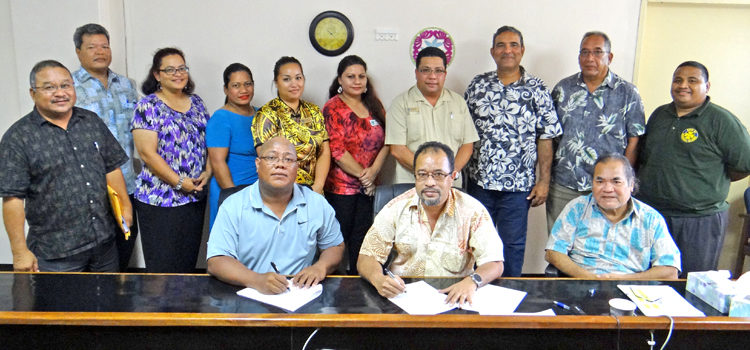 Representatives of the Marshall Islands Resort and Marshall Islands Development Bank got together to sign a contract for operation of the Ebeye Hotel. Photo: Hilary Hosia. MIR seals Ebeye Hotel deal