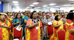 Representatives of Women United Together Marshall Islands (WUTMI) and many others joined the opening of the18th annual conference Tuesday. On Wednesday, conference attendees heard the troubling results of the recently concluded child health survey. Photo: Hilary Hosia.