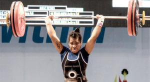 The award podium at the Pacific Mini-Games in Vanuatu last week, with Mattie Sasser in the middle receiving three gold medals. She defeated Amanda Gould of New Zealand, left, and Maximina Uepa of Nauru. Photos: Peter Carroll, Van 2017 Media.