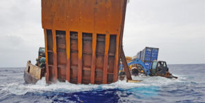 PII’s barge, loaded with tons of construction equipment from a road paving project in Chuuk, ran into trouble in heavy seas between Chuuk and Pohnpei earlier this week.