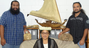 Marshallese Studies Department outgoing chair Wilbert Alik and incoming chair Hermon Lajar along with adjunct and CMI Nuclear Institute Director Mary Silk. Photo: Kelly Lorennij.