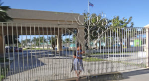 Nitijela Clerk Morean Watak stands next to the locked gate in the driveway between Nitijela and the International Conference Center in Majuro that was locked by landowners Tuesday and Wednesday. Photo: Hilary Hosia.