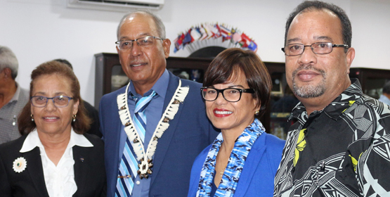 President Hilda Heine and First Gentleman Tommy Kijiner, Jr. (right) joined in the ceremony for new Cabinet Minister Dennis Momotaro, who is pictured with his wife, Daisy Alik-Momotaro, a senator for Jaluit in Nitijela. Photo: RMI President’s Office. Dennis newest Cabinet minister