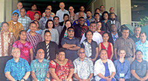 Participants in the International Monetary Fund-supported fisheries finance management workshop this week in Majuro took time out for a group photo on the steps of the Marshall Islands Resort. Photo: Rebecca Lathrop.