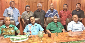 On a visit to Palau earlier this month, Ministers Dennis Momotaro (left) and David Paul (right), and Kwajalein Mayor Hirata Kabua, joined with Palau President Tommy Remengesau, Jr. (second left sitting), Palau elected and conservation leaders, and Micronesian Conservation Trust Director Willy Kotska (left standing). Also in the RMI delegation was Office of Environmental Planning and Policy Coordination Director Clarence Samuel (third from right standing). The visit was set up so the leaders from RMI could see how Palau has established its Protected Areas Network system to help the RMI move forward in the same area.