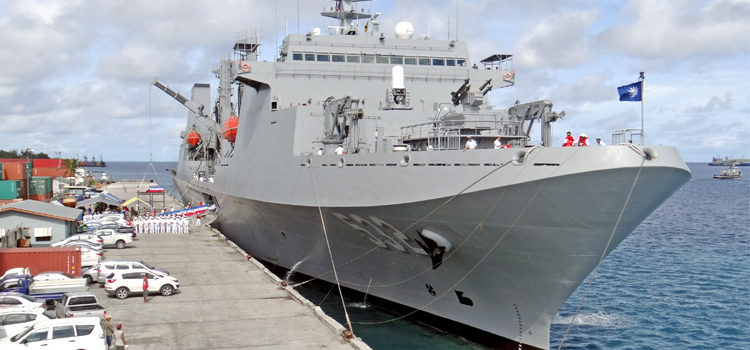 The the ROC Navy flagship Pan Shi tied up at Delap Dock Wednesday morning as part of a three-day stay in Majuro. Two additional navy vessels are accompanying the Pan Shi on a three-month Pacific tour. Photo: Hilary Hosia. Taiwan Navy hits town