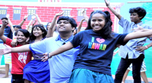 A rehearsal session for the play Grease brought the same enthusiasm from the actors as the six nights they staged it under the brights lights at the International Conference Center in Majuro. From left: College of the Marshall Islands’ Atmis Kaious, Seventh Day High’s Jeita Peter, Assumption Schools’ Chase Domnick and Marshall Islands High School’s Nikita Luke. Photo: Hilary Hosia.