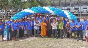 A large group turned out at the airport water reservoirs for the handover of two excavators from the Japan government to Majuro Water and Sewer Company. Photo: Hilary Hosia.