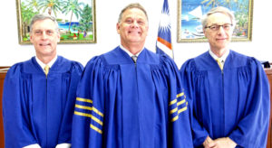 The RMI Supreme Court panel in Majuro, from left: Judge Michael Seabright, Chief Justice Daniel Cadra, and Judge Richard Seeborg. Photo: Hilary Hosia.