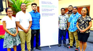 Kathy Jetnil-Kijiner, left, with youthful panelists at the second National Climate Change Dialogue last week in Majuro. From left: Jo-Jikum Co-Director Jetnil-Kijiner, Brandon Nathan, AJ Alik, Walter Jinuna, Bryant Zebedy, Cansecho Carmel, Kristina Reimers Photo: Kelly Lorennij.