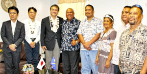 Japan Vice Minister of Foreign Affairs Iwao Horii (third from left) and Majuro Mayor Ladie Jack (fourth from left) met with Japan Embassy and MALGov council and staff Friday to discuss re-launching sister city ties between Majuro and Kawai Town in Japan. Photo: Hensen Kaisha.