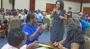 Special Education teachers and trainers conversed recently at a Summer Institute workshop held at the International Conference Center in Majuro. Photo: Hilary Hosia.
