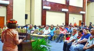 President Hilda Heine spoke to the opening of the two-day Second National Climate Change Dialogue at the International Conference Center in Majuro late last month. Photo: Kelly Lorennij.