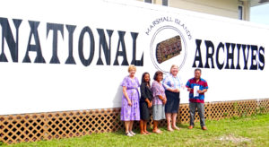 The US donation was made at the Alele Museum and National Archives, from left: Alele Manager Carol Curtis, Alele board members Mabel Peter and Rebecca Lorennij, US Ambassador Karen Stewart, and Alele Director Melvin Majmeto. Photo: Hilary Hosia.