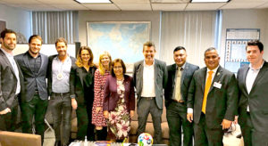President Hilda Heine, center, with Ministers Kalani Kaneko and David Paul, third and second from right, respectively, and the Neema Technologies team in New York City late last month. Photo: Kelly Lorennij.