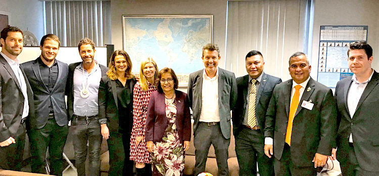 President Hilda Heine, center, with Ministers Kalani Kaneko and David Paul, third and second from right, respectively, and the Neema Technologies team in New York City late last month. Photo: Kelly Lorennij. SOV: Step by step