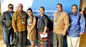 Attending last month’s World Bank Group/IMF annual meeting in Indonesia, from left: Ywao Elanzo, Minister Brenson Wase, Malie Tarbwillin, May Bing, Minister David Paul, and Charles Paul.