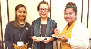 Mikela Heine and Ann Chong Gum, who are attending a Japan-sponsored disaster management training program, with UNITAR director Mihiko Kumamoto. Photo: Kelly Lorennij.