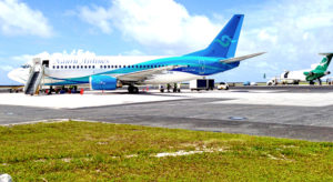 A Nauru Airlines Boeing-737 on the tarmac at Amata Kabua International Airport in Majuro. Photo: Giff Johnson.