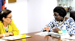 World Bank Vice President Victoria Kwakwa, right, speaks with RMI President Hilda Heine during her visit to Majuro recently.