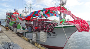 The decked out longline fishing vessel at Wednesday’s arrival celebration at Uliga Dock. Photo: Hilary Hosia.