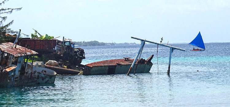 A motorboat carrying five men collided with the superstructure of a sunken vessel (visible in the photo) near the Riwut Corner boat ramp, killing one of the passengers. Photo: Kelly Lorennij. Boat accident causes man’s death