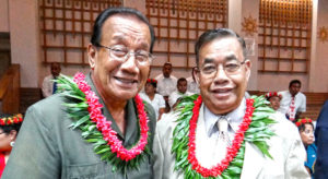 Then-Senator Ruben Zackhras (right) with colleague former President and Senator Litokwa Tomeing at Nitijela in 2013. Both were elected to the first Nitijela in 1979.