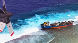 An aerial view of the fish carrier vessel Ou Ya Leng No. 6 that ran aground on the reef at Taka Atoll in the northern Marshall Islands January 3.
