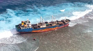 The fish carrier vessel Ou Ya Leng No. 6 hit the reef at Taka Atoll in the northern Marshall Islands January 3 and remains stuck there. Photo: US Coast Guard.