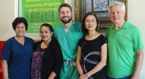 The EHDI screening team at Majuro hospital, from left: screening supervisor Agnes Flood-Tse, EHDI coordinator Chinilla Pedro-Peter, ENT specialist Dr. Ross Shockly, audiologist Yusnita Weirather, and principal investigator Ray Miner. Photo: Kelly Lorennij.