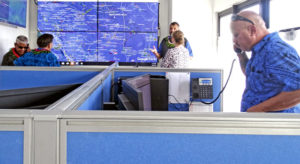 The new MIMRA headquarters command center for fisheries monitoring and surveillance includes a real-time projection of the locations of hundreds of fishing vessels across the western Pacific Ocean. Photo: Kelly Lorennij.