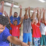 RMI USP student Duke Gaston shows his billiard playing form as he plays the character Harold Hill during a rehearsal of the Music Man in Majuro. The play will be staged for a week next month at the International Conference Center in Majuro. Photo: Hilary Hosia.
