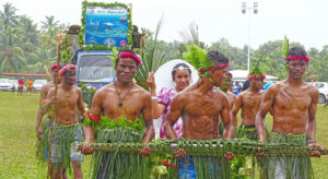 The Marshalls Christian High School float featured warriors carrying their princesses via a decked out rear-cart. Photo: Hilary Hosia.