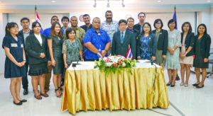 MIMRA Deputy Director Samuel Lanwi, Jr. (fifth from left, front) led the MIMRA team that signed an historic fisheries agreement with officials from the Fisheries Department in Thailand. Photo: Francisco Blaha.