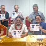 Nitijela Public Accounts Committee joined with Judiciary representatives after the public hearing on the Judiciary audit. Seated, from left: Deputy Clerk of Courts Tanya Lomae, PAC Chairman Senator Bruce Bilimon, and Chief Clerk of Courts Ingrid Kabua showing the flow chart provided by the Judiciary to the PAC Committee. Standing, from left: Senators Eldon Note, David Kabua, Atbi Riklon, Tony Aiseia and Vice Speaker Jejwarick Anton.