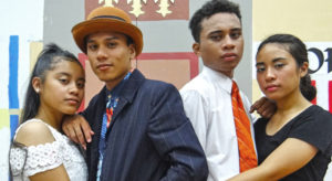 Actors Jobod Silk and Duke Gaston, center, with their leading ladies, Ikue Alik, left, and Carnie Reimers. Photographed on the set of The Music Man in Majuro by Hilary Hosia.