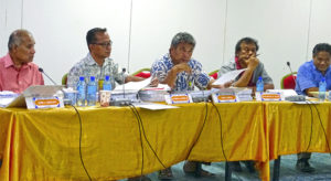 Nitijela Public Accounts Committee in action this week reviewing audits. From left, Senators Atbi Riklon, Alfred Alfred, Jr., Tony Aiseia, Vice Speaker Jejwarick Anton, and Chairman Bruce Bilimon. Photo: Hilary Hosia.