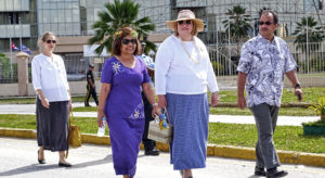 US Ambassador Karen Stewart, flanked by President Hilda Heine and First Gentleman Tommy Kijiner, Jr., led the Nuclear Victims Remembrance Day march through Majuro March 1. Photo: Kelly Lorennij.