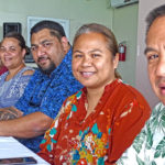 The RMI ministries and agencies represented at the April 18 signing at the Marshall Islands Resort were, from right: OCIT CEO Carlos Domnick, Finance Secretary May Bing, Immigration Chief Damien Jacklick, Labor’s Peggy Trevor, MISSA’s Bryan Edejer, Police Commissioner George Lanwi, Banking Commission’s Samelda Leon, Corporations Registrar Claire Loeak and Attorney General Johnathen Kawakami. Photo: Hilary Hosia.