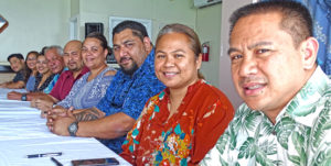 The RMI ministries and agencies represented at the April 18 signing at the Marshall Islands Resort were, from right: OCIT CEO Carlos Domnick, Finance Secretary May Bing, Immigration Chief Damien Jacklick, Labor’s Peggy Trevor, MISSA’s Bryan Edejer, Police Commissioner George Lanwi, Banking Commission’s Samelda Leon, Corporations Registrar Claire Loeak and Attorney General Johnathen Kawakami. Photo: Hilary Hosia.