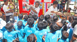 Students from Uliga Elementary School received great attention from Ministry of Health nurses at Tuesday’s Early Childhood Development project launch. From left, Eomra Lokeijak, Norah Lieman and Agnes Flood. Photo: President’s Office.
